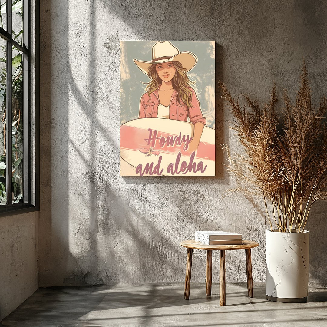 Capture the spirit of adventure with this charming wall art. Featuring a cowgirl with a surfboard, for Entrance