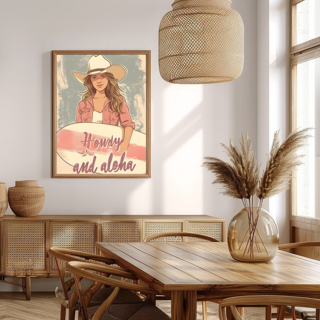 Capture the spirit of adventure with this charming wall art. Featuring a cowgirl with a surfboard, for Extra Kitchen