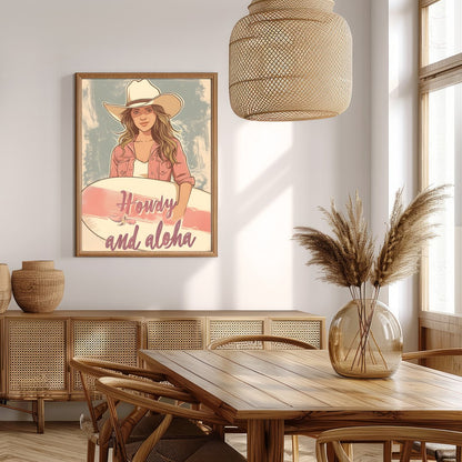Capture the spirit of adventure with this charming wall art. Featuring a cowgirl with a surfboard, for Extra Kitchen