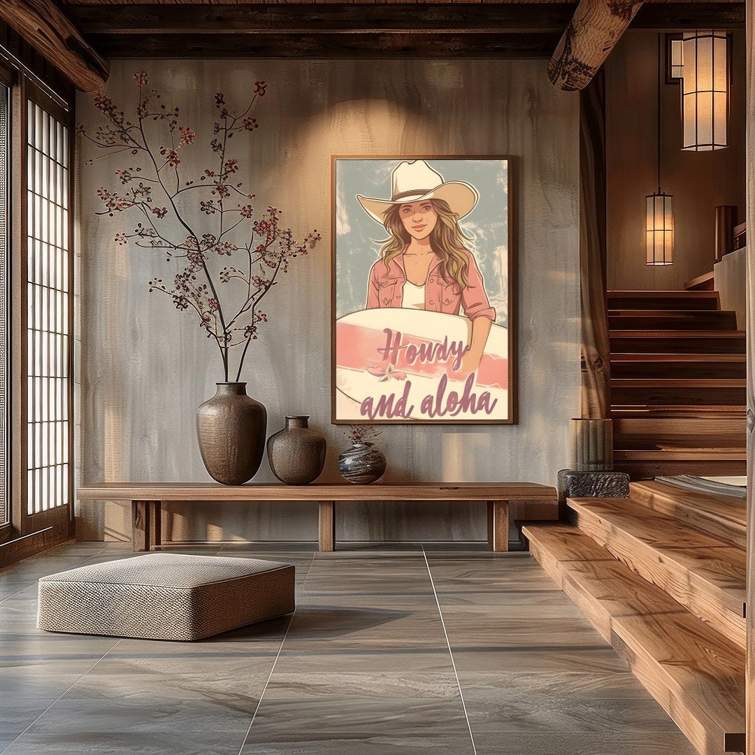 Capture the spirit of adventure with this charming wall art. Featuring a cowgirl with a surfboard, for Hall