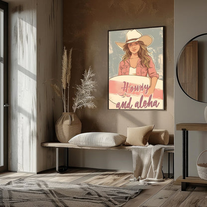 Capture the spirit of adventure with this charming wall art. Featuring a cowgirl with a surfboard, for home