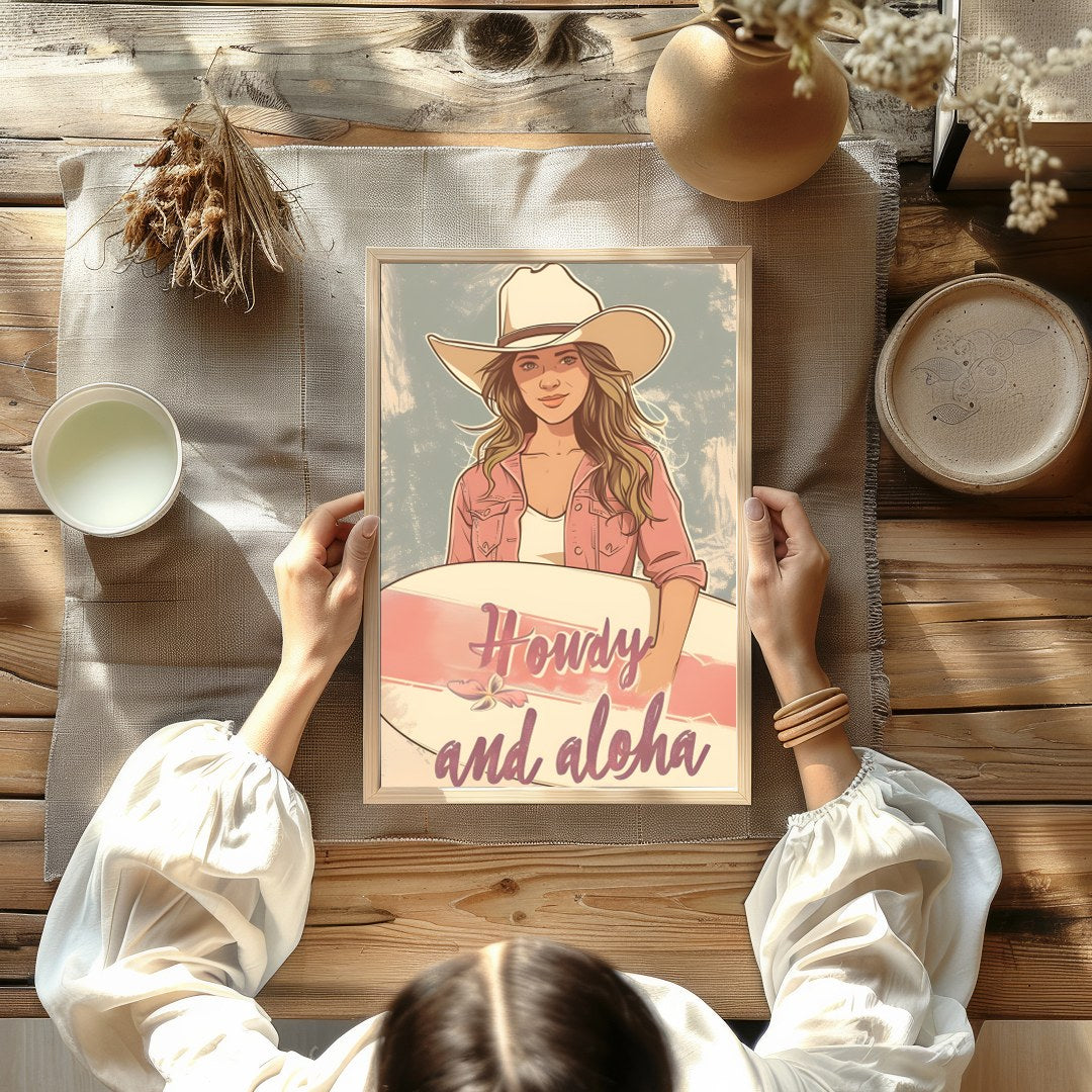 Capture the spirit of adventure with this charming wall art. Featuring a cowgirl with a surfboard, for Kitchen