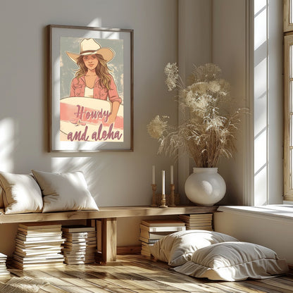 Capture the spirit of adventure with this charming wall art. Featuring a cowgirl with a surfboard, for loft