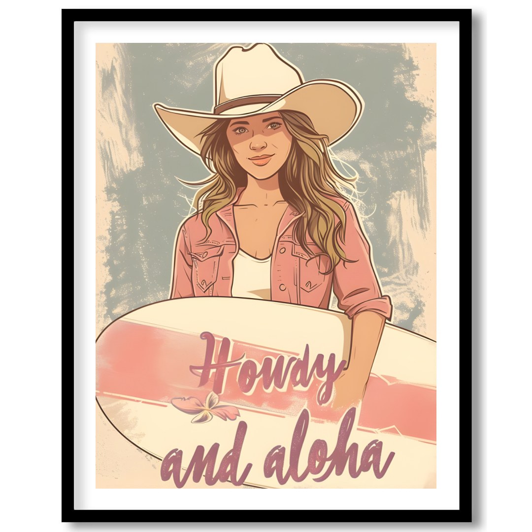 Capture the spirit of adventure with this charming wall art. Featuring a cowgirl with a surfboard, for retreat