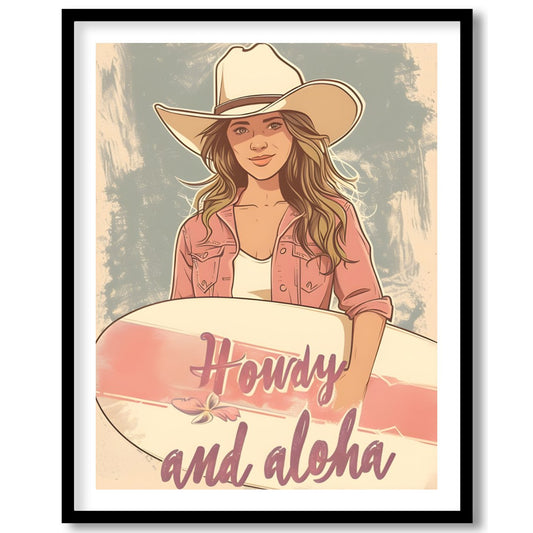 Capture the spirit of adventure with this charming wall art. Featuring a cowgirl with a surfboard, for retreat