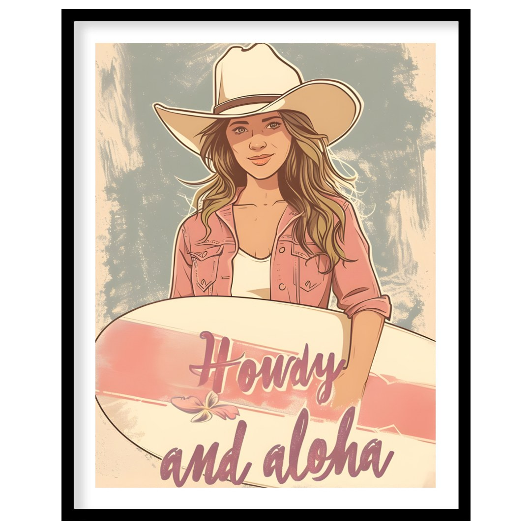 Capture the spirit of adventure with this charming wall art. Featuring a cowgirl with a surfboard, for retreat