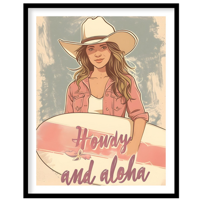 Capture the spirit of adventure with this charming wall art. Featuring a cowgirl with a surfboard, for retreat