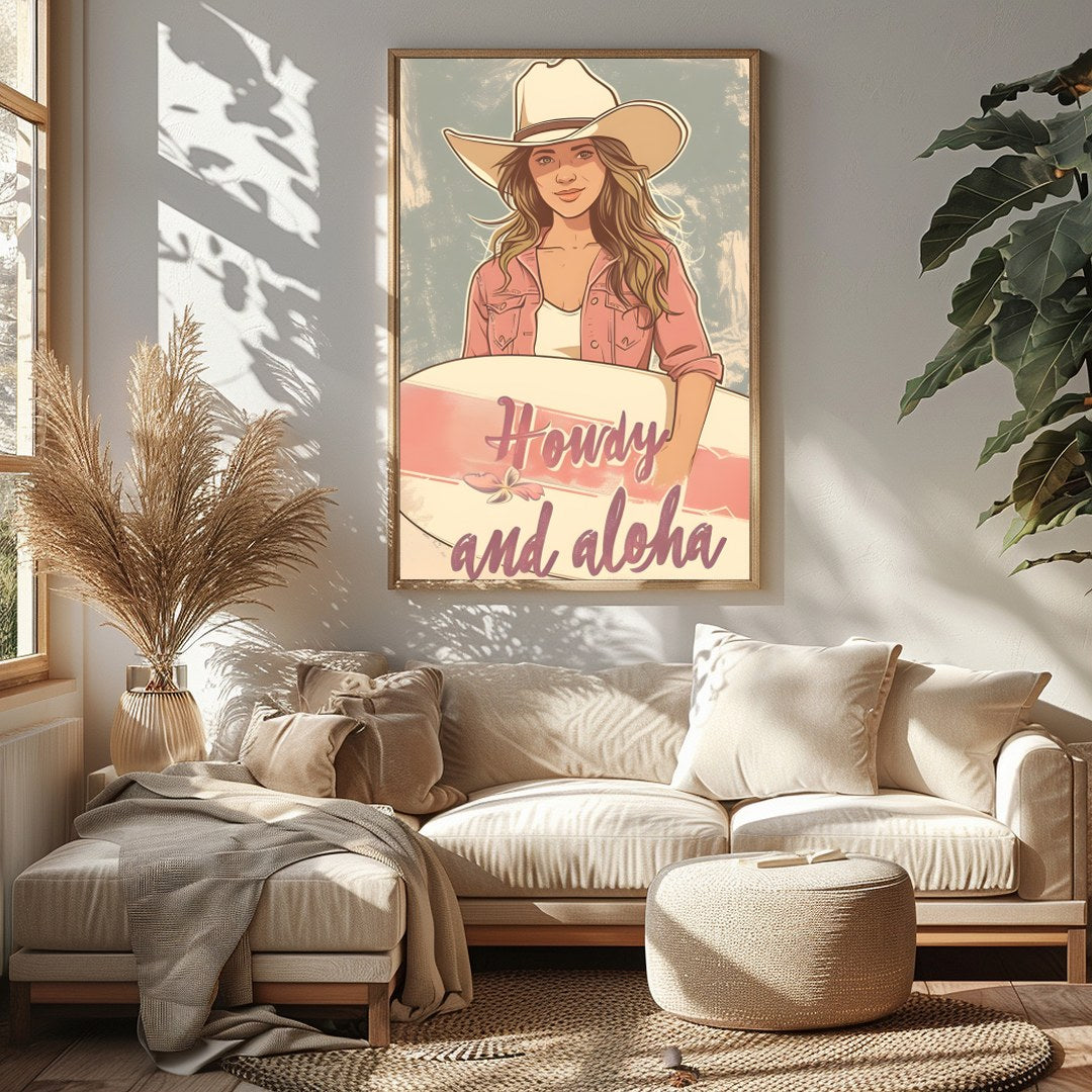 Capture the spirit of adventure with this charming wall art. Featuring a cowgirl with a surfboard, for Sitting Area