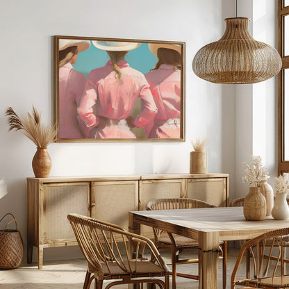 Embrace the essence of the wild west with this captivating artwork featuring three figures adorned for Dining