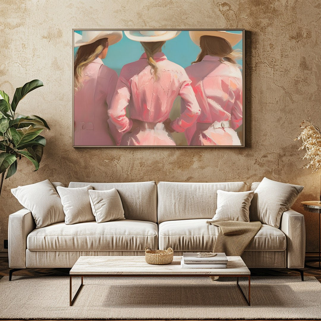 Embrace the essence of the wild west with this captivating artwork featuring three figures adorned for Family Room
