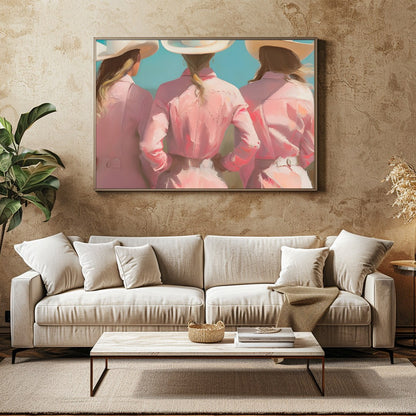 Embrace the essence of the wild west with this captivating artwork featuring three figures adorned for Family Room
