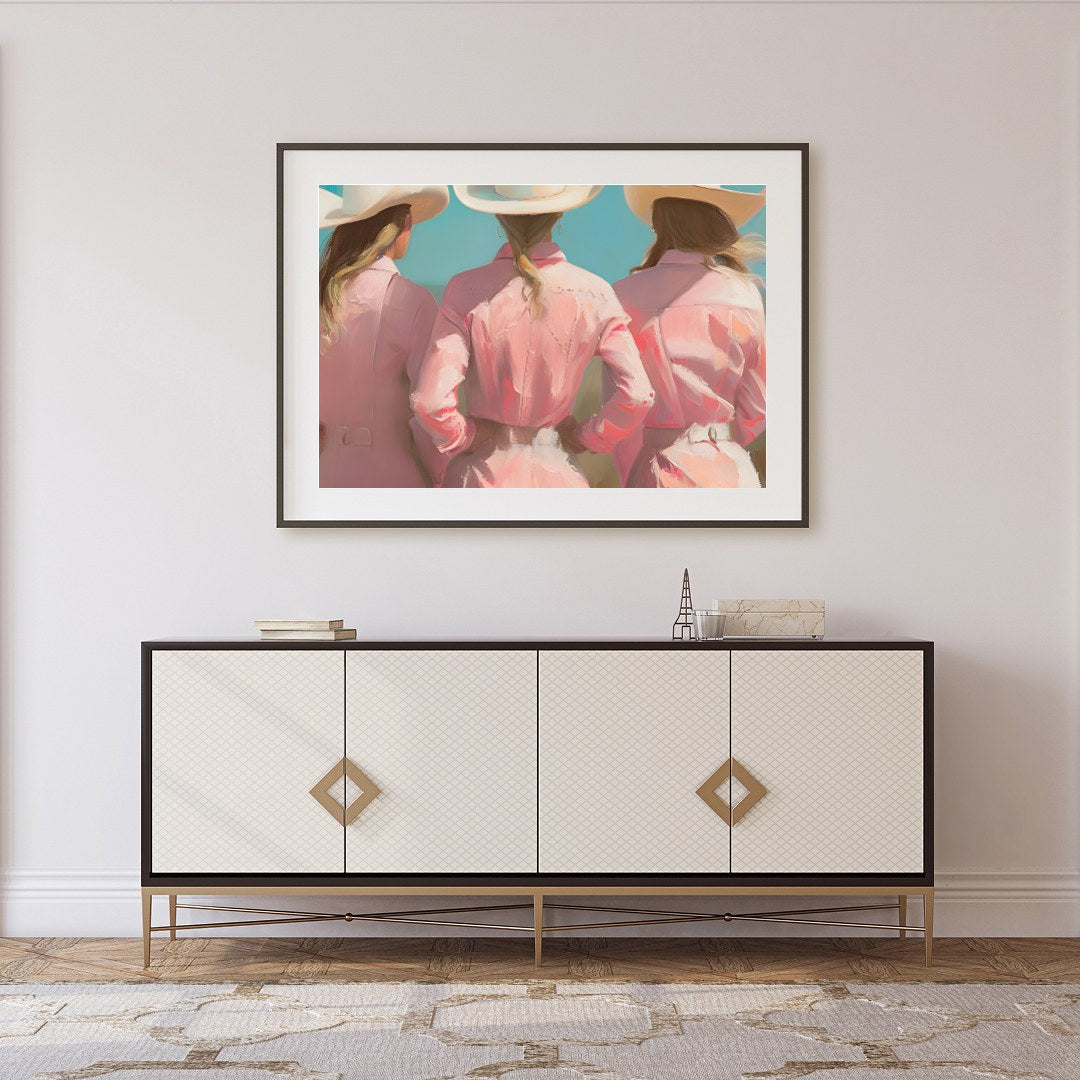 Embrace the essence of the wild west with this captivating artwork featuring three figures adorned for Foyer
