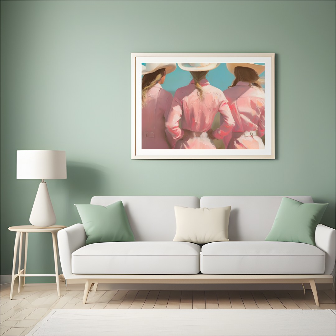 Embrace the essence of the wild west with this captivating artwork featuring three figures adorned for Hall