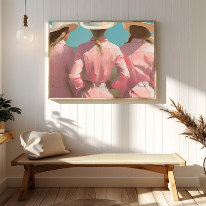 Embrace the essence of the wild west with this captivating artwork featuring three figures adorned for Hallway