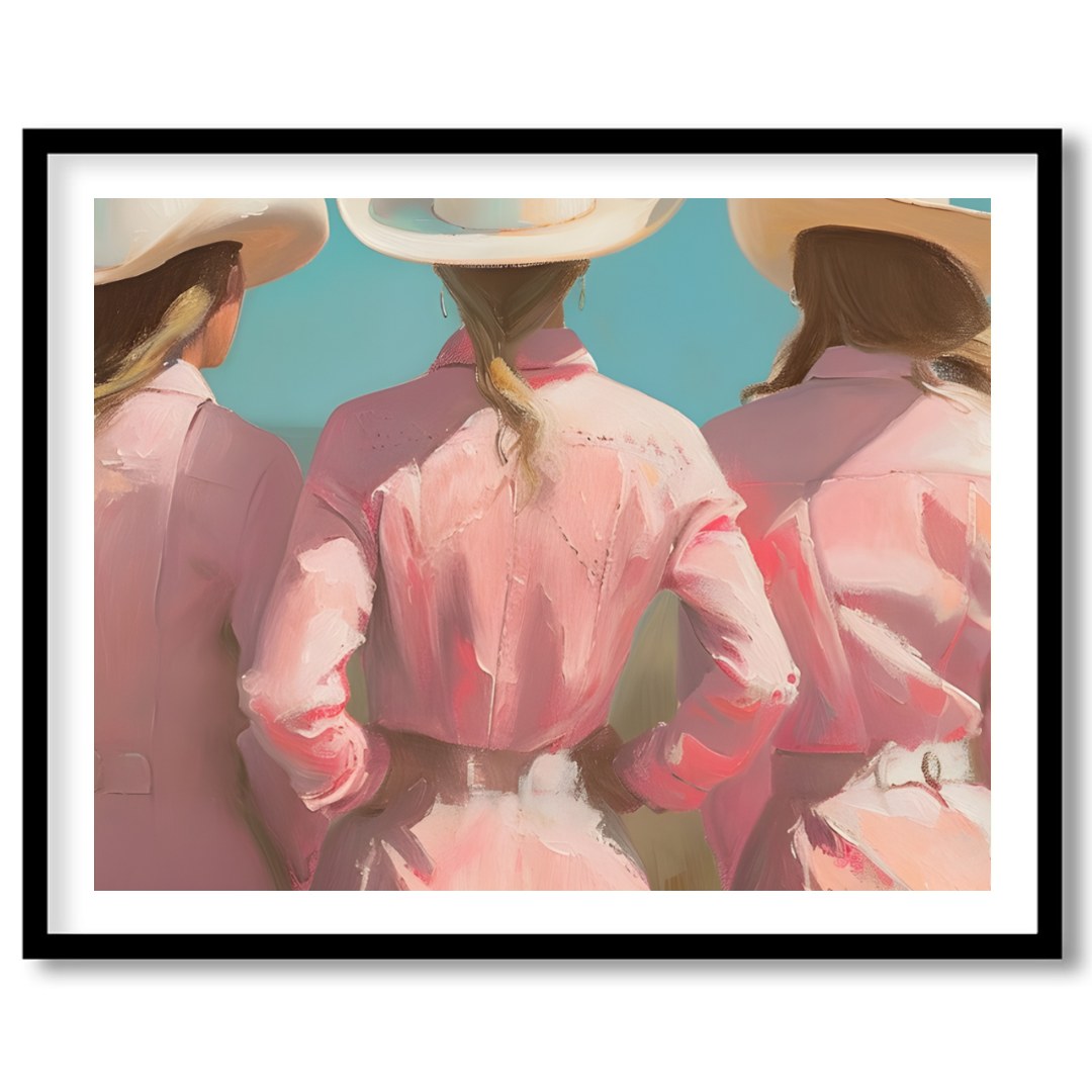 Embrace the essence of the wild west with this captivating artwork featuring three figures adorned for house