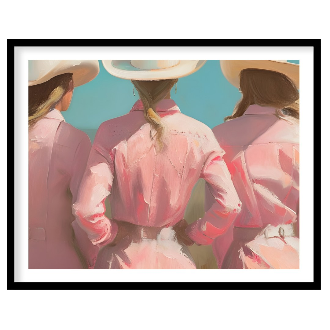 Embrace the essence of the wild west with this captivating artwork featuring three figures adorned for house