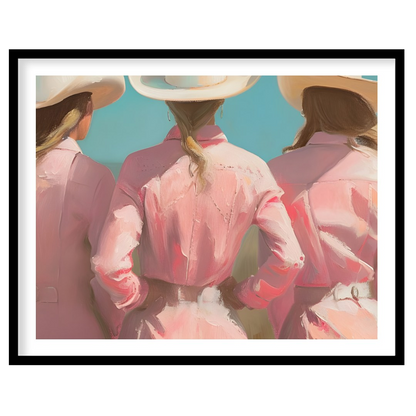 Embrace the essence of the wild west with this captivating artwork featuring three figures adorned for house