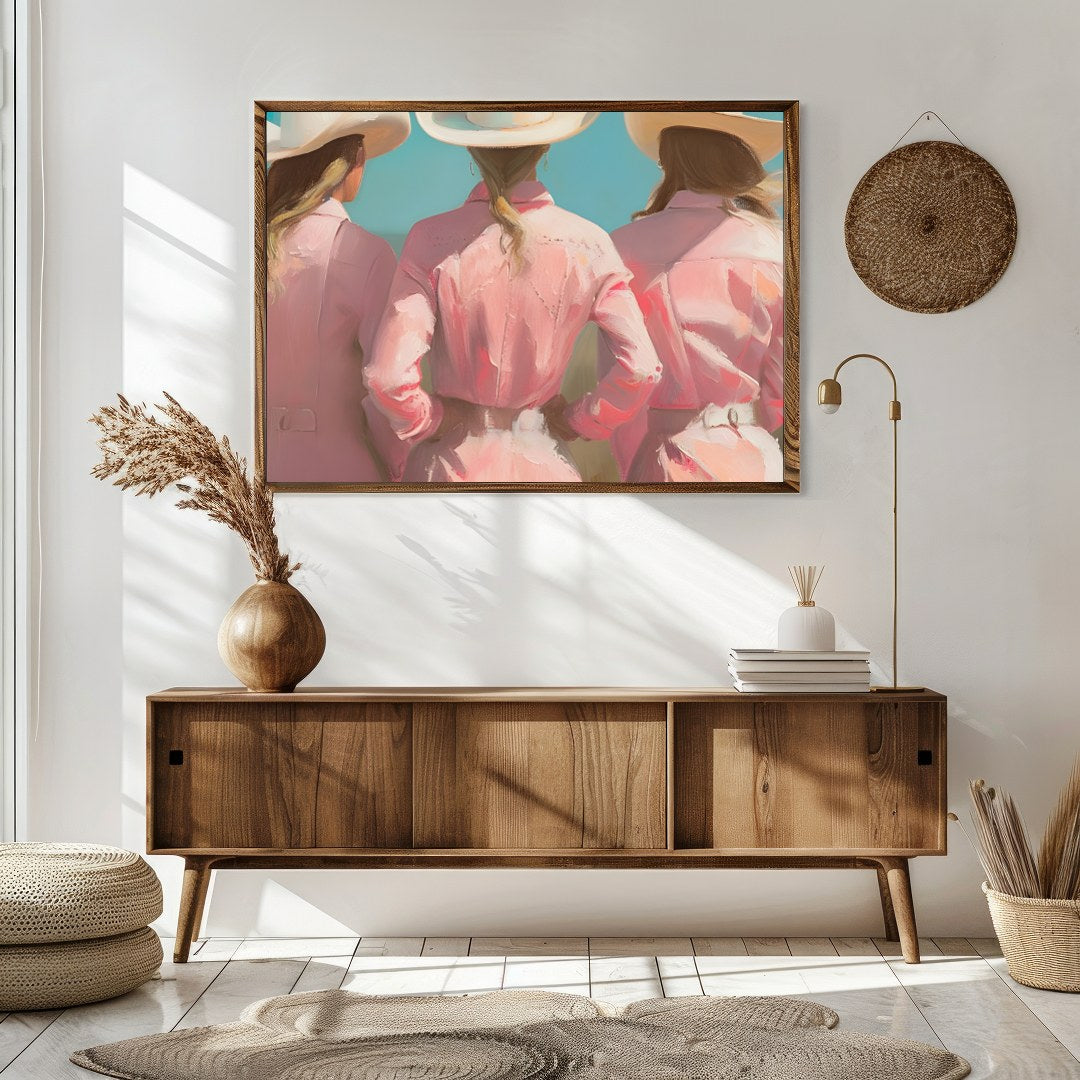 Embrace the essence of the wild west with this captivating artwork featuring three figures adorned for Sitting Area