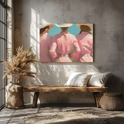 Embrace the essence of the wild west with this captivating artwork featuring three figures adorned for Veranda