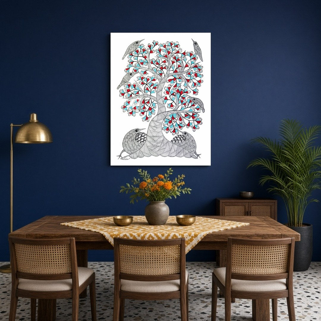 Immerse yourself in the enchanting world of Gond art with this captivating painting. Adorned with for Dining