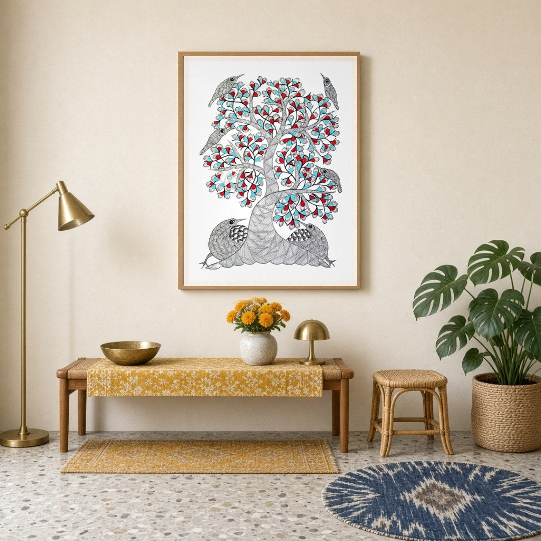 Immerse yourself in the enchanting world of Gond art with this captivating painting. Adorned with for Entrance