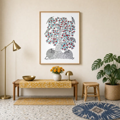Immerse yourself in the enchanting world of Gond art with this captivating painting. Adorned with for Entrance