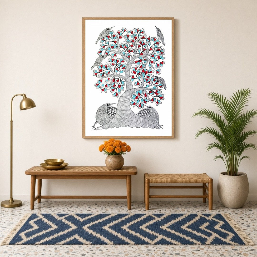 Immerse yourself in the enchanting world of Gond art with this captivating painting. Adorned with for Hallway