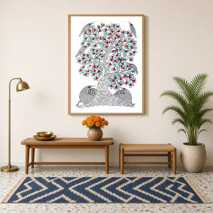 Immerse yourself in the enchanting world of Gond art with this captivating painting. Adorned with for Hallway