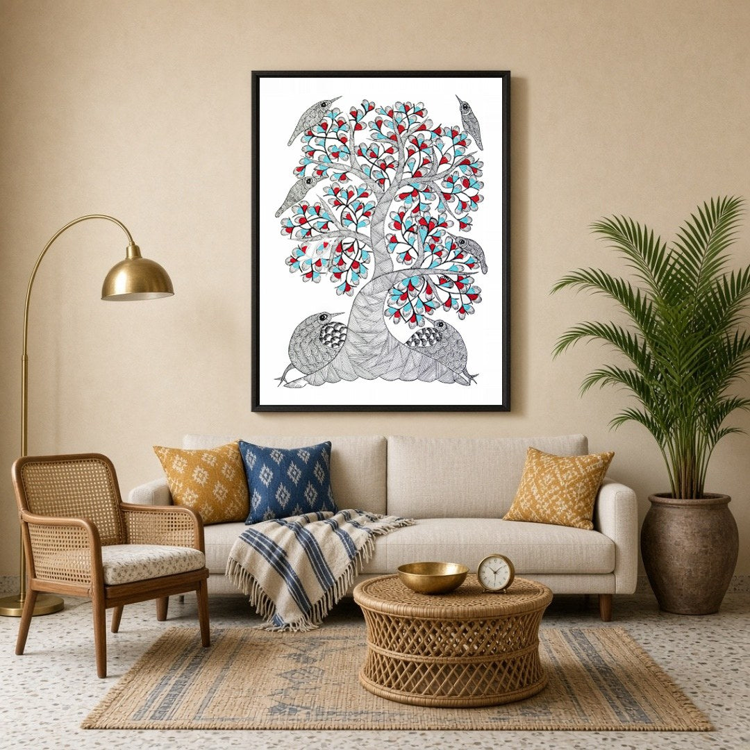 Immerse yourself in the enchanting world of Gond art with this captivating painting. Adorned with for Living Room