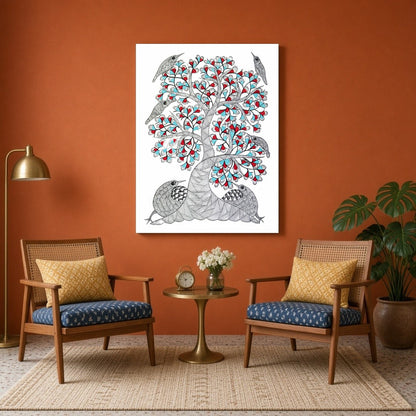 Immerse yourself in the enchanting world of Gond art with this captivating painting. Adorned with for Sitting Area