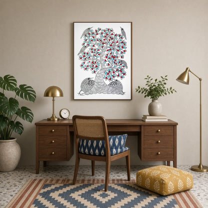 Immerse yourself in the enchanting world of Gond art with this captivating painting. Adorned with for Study