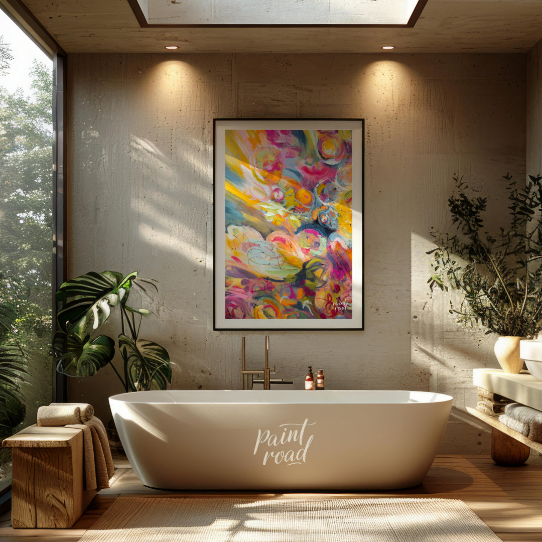This abstract painting explodes with a riot of vibrant colors and energetic swirls, creating a sens… for bathroom