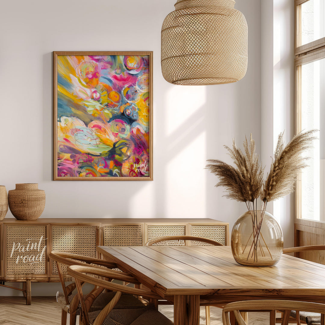This abstract painting explodes with a riot of vibrant colors and energetic swirls, creating a sens… for dining room