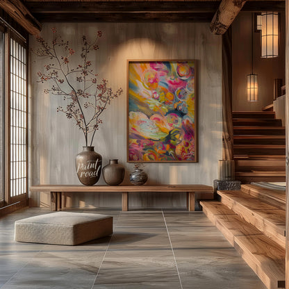 This abstract painting explodes with a riot of vibrant colors and energetic swirls, creating a sens… for entryway