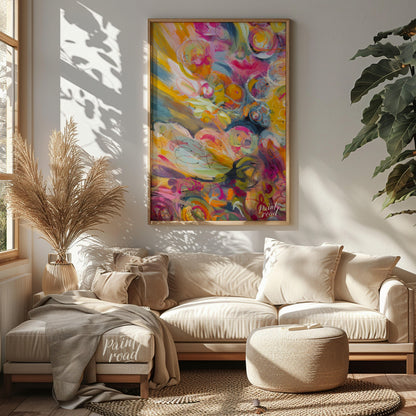This abstract painting explodes with a riot of vibrant colors and energetic swirls, creating a sens… for living room