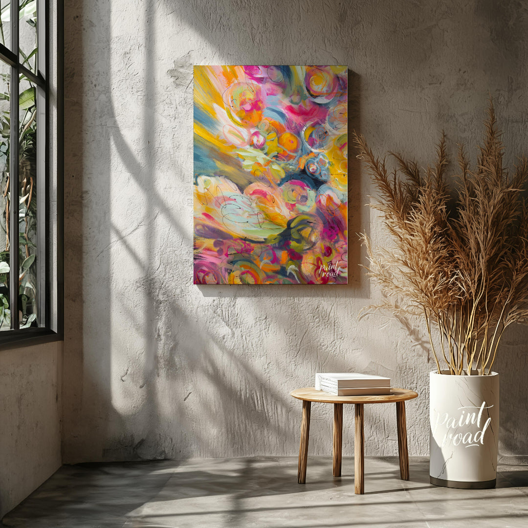 This abstract painting explodes with a riot of vibrant colors and energetic swirls, creating a sens… for living room