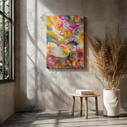 This abstract painting explodes with a riot of vibrant colors and energetic swirls, creating a sens… for living room