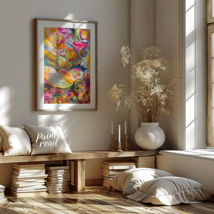This abstract painting explodes with a riot of vibrant colors and energetic swirls, creating a sens… for living room