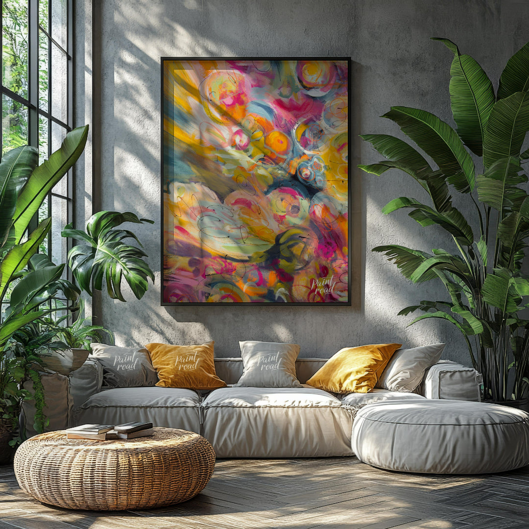 This abstract painting explodes with a riot of vibrant colors and energetic swirls, creating a sens… for living room