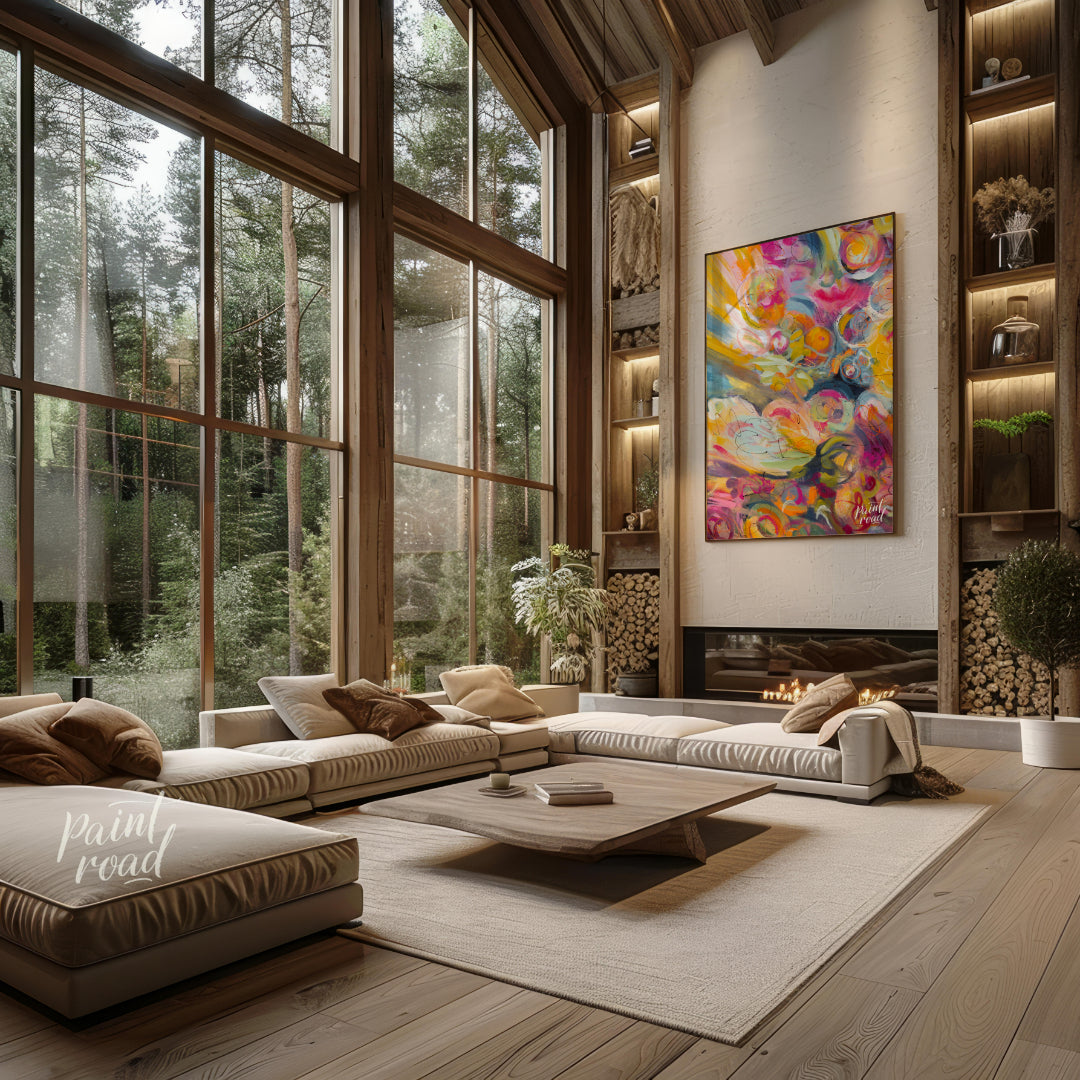 This abstract painting explodes with a riot of vibrant colors and energetic swirls, creating a sens… for living room