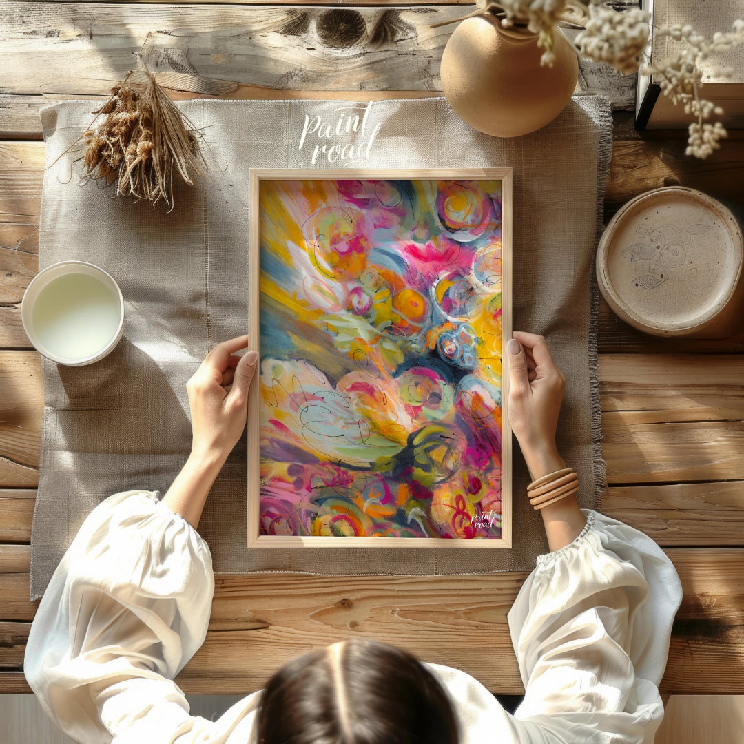 This abstract painting explodes with a riot of vibrant colors and energetic swirls, creating a sens… for office