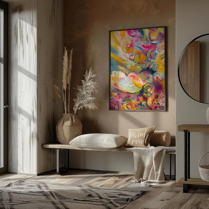 This abstract painting explodes with a riot of vibrant colors and energetic swirls, creating a sens… for other