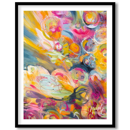 This abstract painting explodes with a riot of vibrant colors and energetic swirls, creating a sens… for room