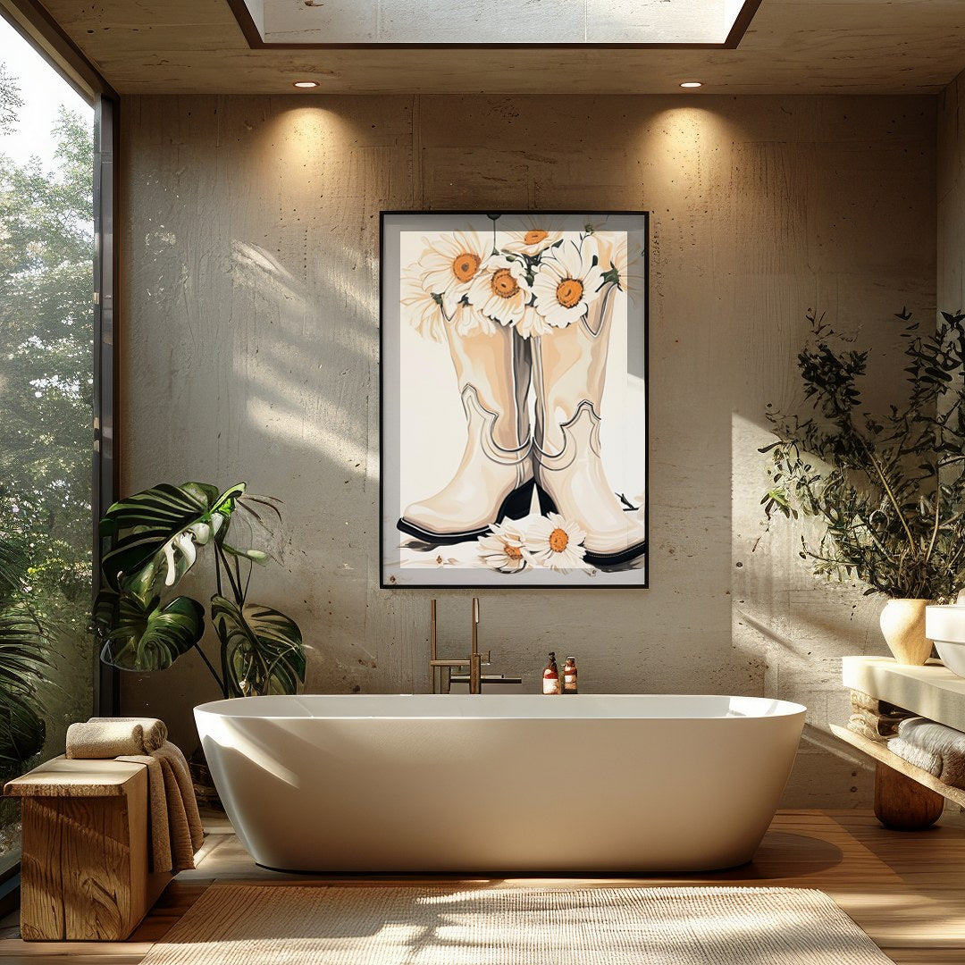 Bring a touch of rustic charm into your home with this delightful artwork featuring a pair of for Bathroom