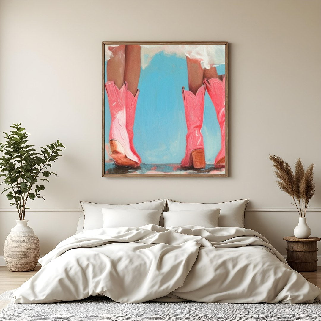 Embrace a sense of whimsy with this charming artwork featuring two figures in playful, pink cowboy for Bedroom