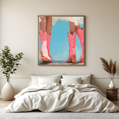 Embrace a sense of whimsy with this charming artwork featuring two figures in playful, pink cowboy for Bedroom
