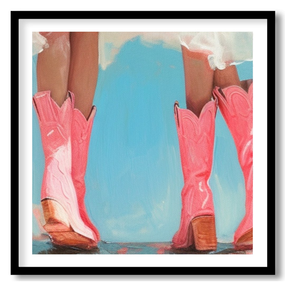 Embrace a sense of whimsy with this charming artwork featuring two figures in playful, pink cowboy for gallery