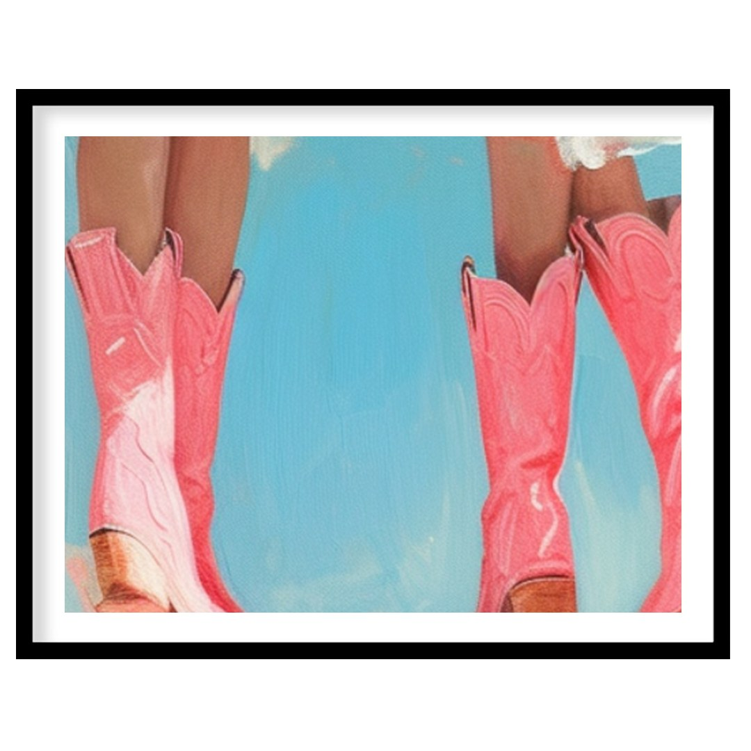 Embrace a sense of whimsy with this charming artwork featuring two figures in playful, pink cowboy for gallery