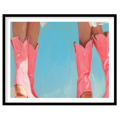 Embrace a sense of whimsy with this charming artwork featuring two figures in playful, pink cowboy for gallery