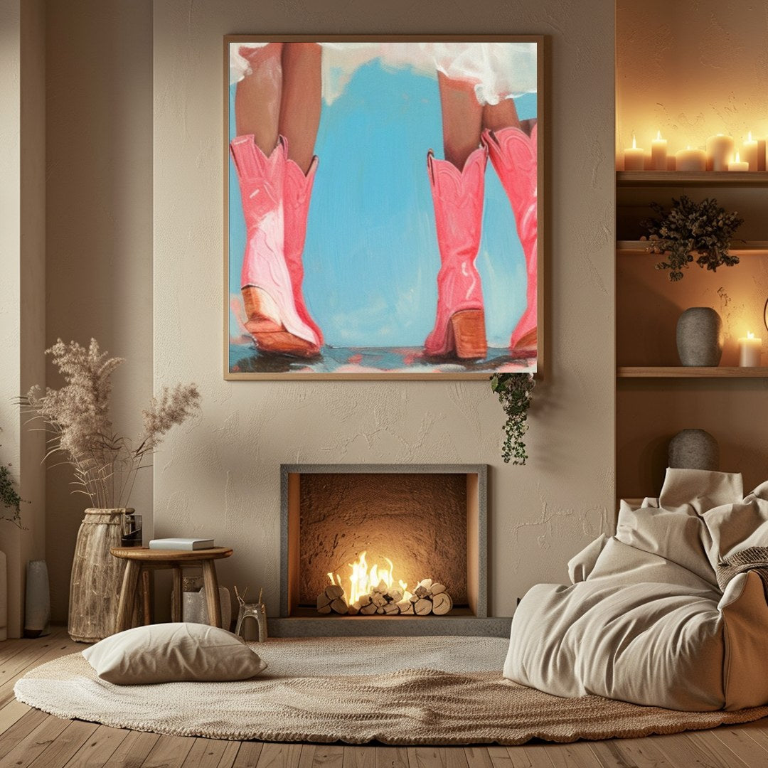 Embrace a sense of whimsy with this charming artwork featuring two figures in playful, pink cowboy for Hall